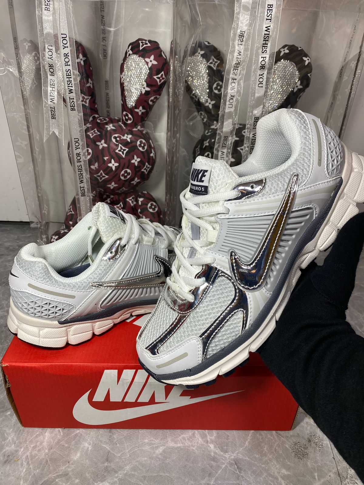 Nike Zoom Vomero 5 white grey sneakers pair view