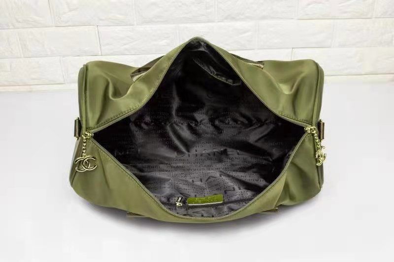 Spacious open interior compartment view of olive green travel duffle bag