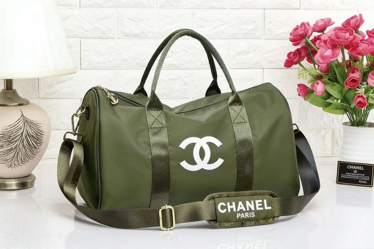 Olive green luxury nylon travel duffle bag with shoulder strap pad