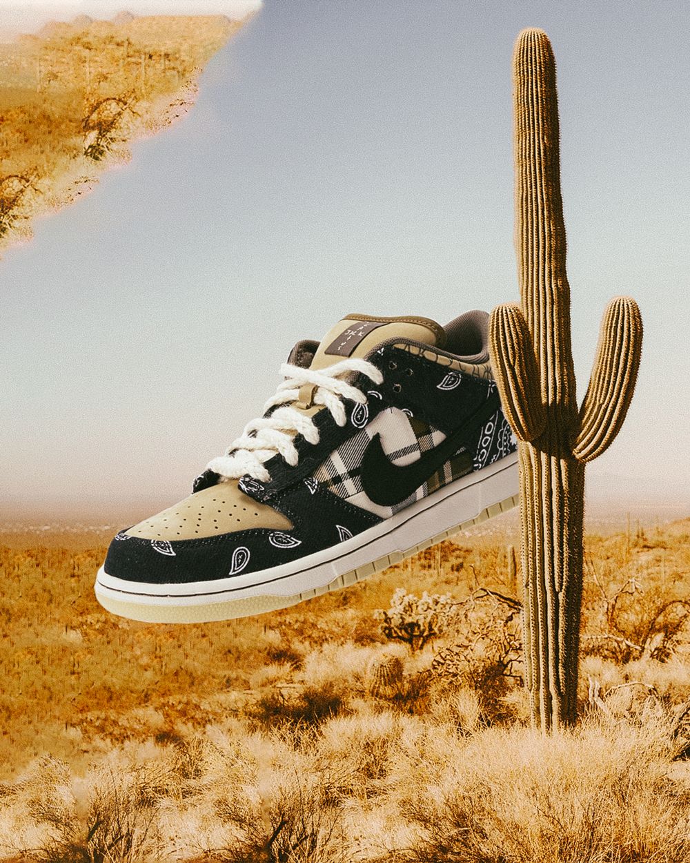 Travis Scott Nike SB Dunk sneaker in a desert setting